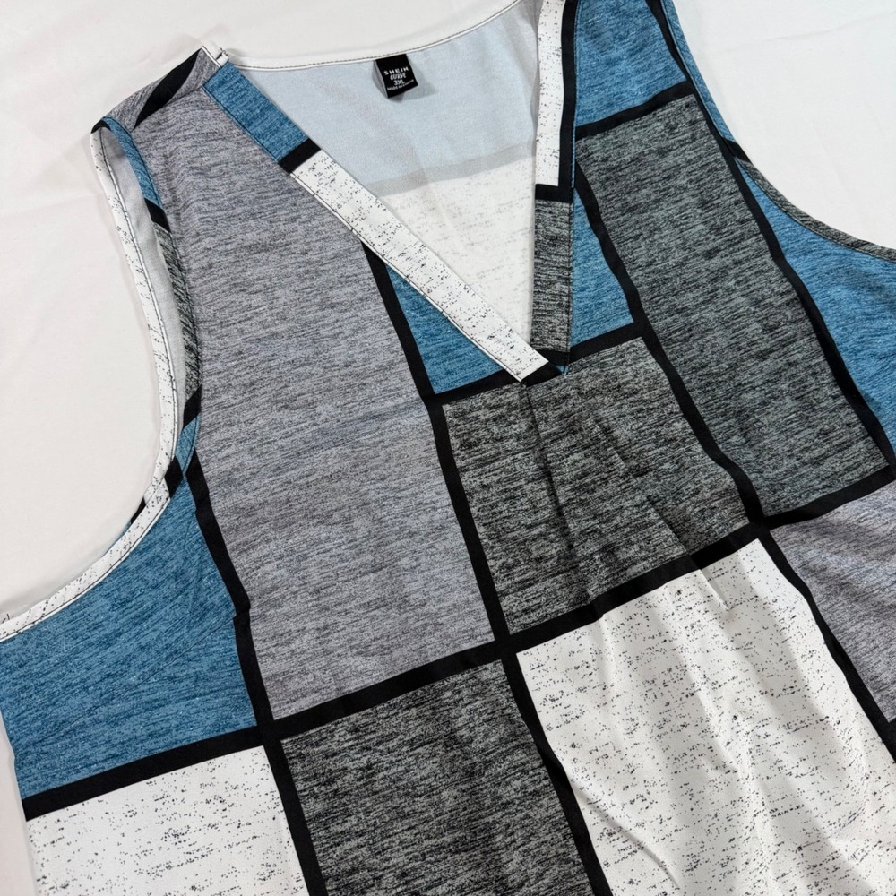 Shein Curve Blue Grey Geometric Colorblock V-Neck Tank Top 3XL JIT15883330